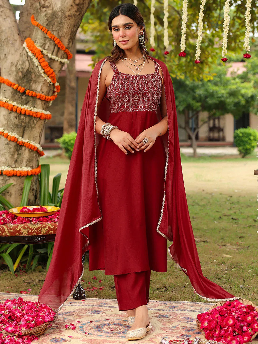 Janasya Women's Maroon Chanderi Silk Zari Embroiderd A-line Kurta Set