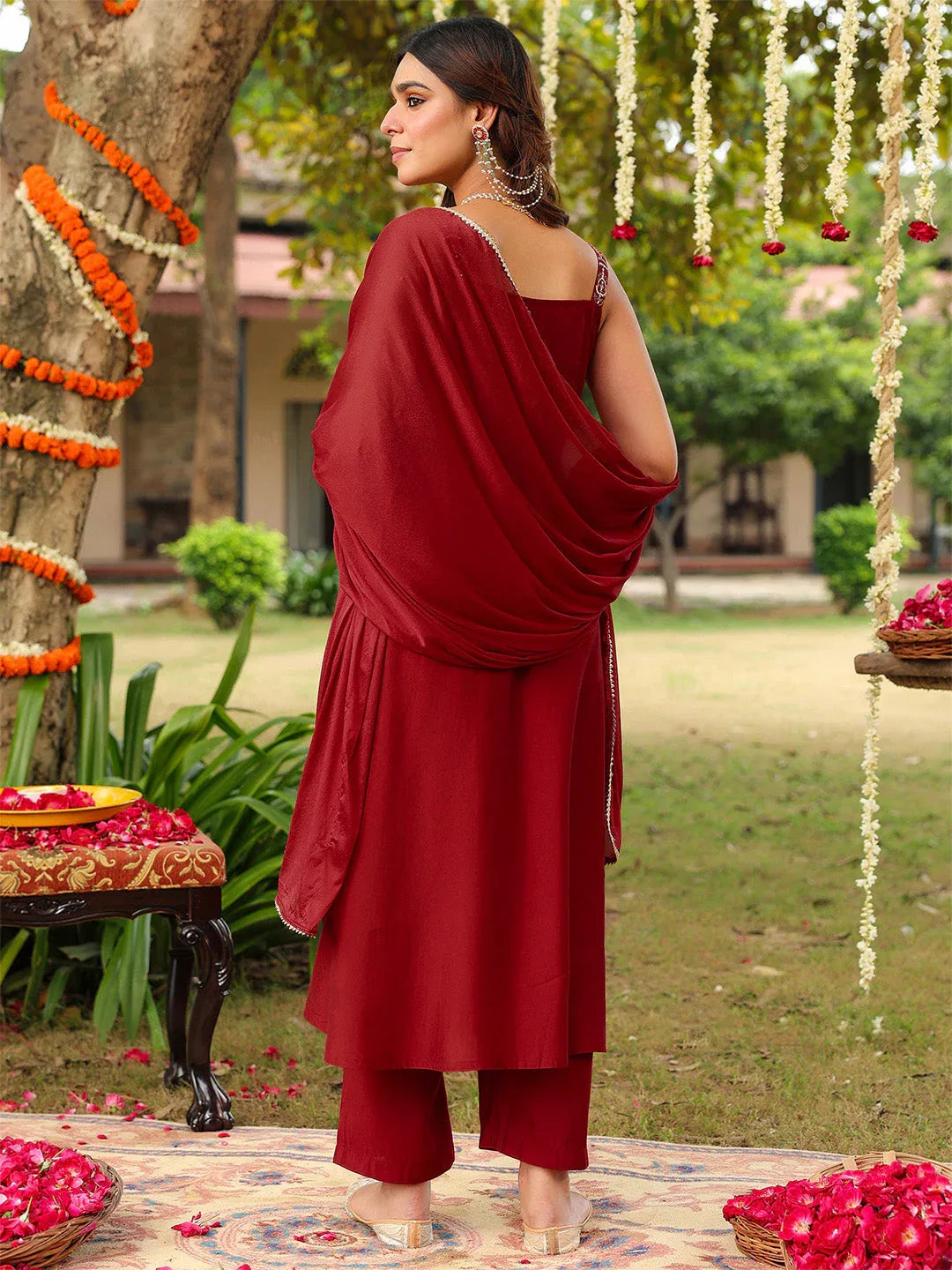Janasya Women's Maroon Chanderi Silk Zari Embroiderd A-line Kurta Set