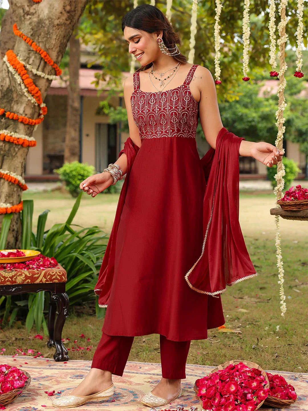 Janasya Women's Maroon Chanderi Silk Zari Embroiderd A-line Kurta Set