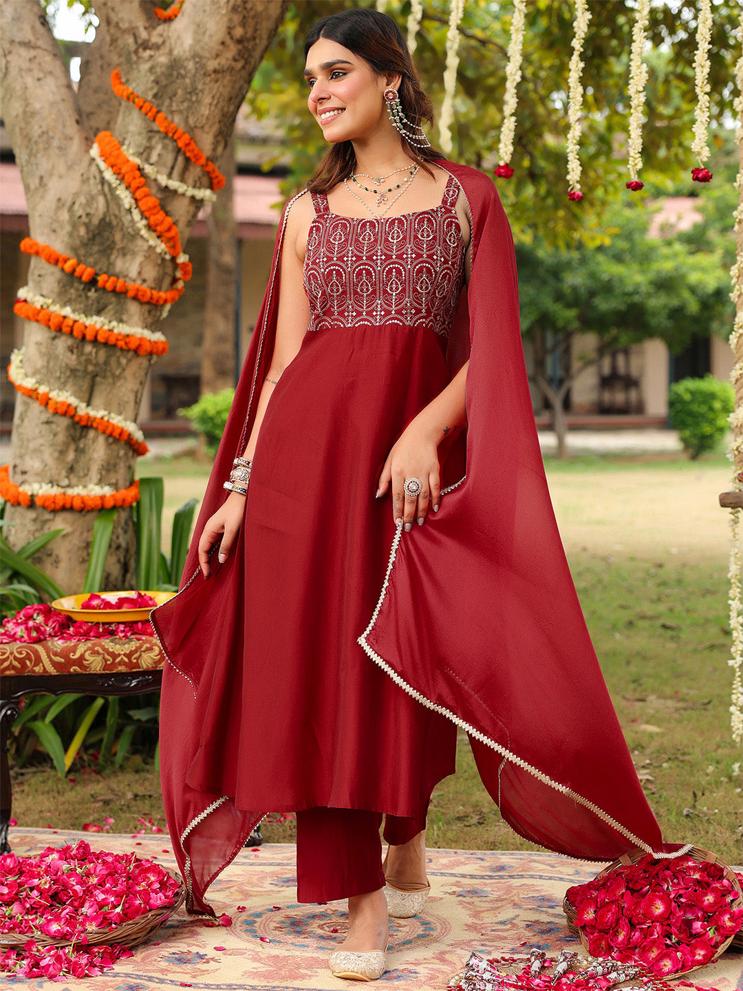 Janasya Women's Maroon Chanderi Silk Zari Embroiderd A-line Kurta Set - qivii