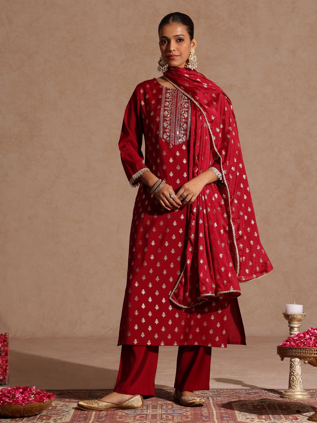 Janasya Women's Maroon Chanderi Silk Zari Yoke Embroiderde Gold Printed Kurta Set - qivii