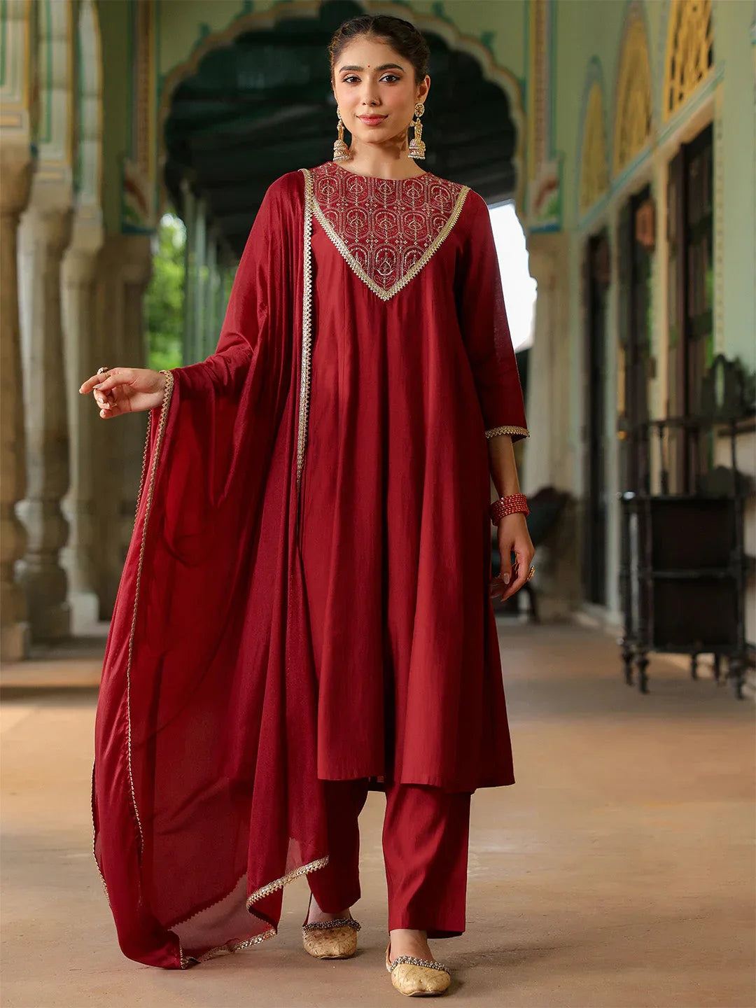 Janasya Women's Maroon Chanderi Silk Embroidered Anarkali Kurta Set