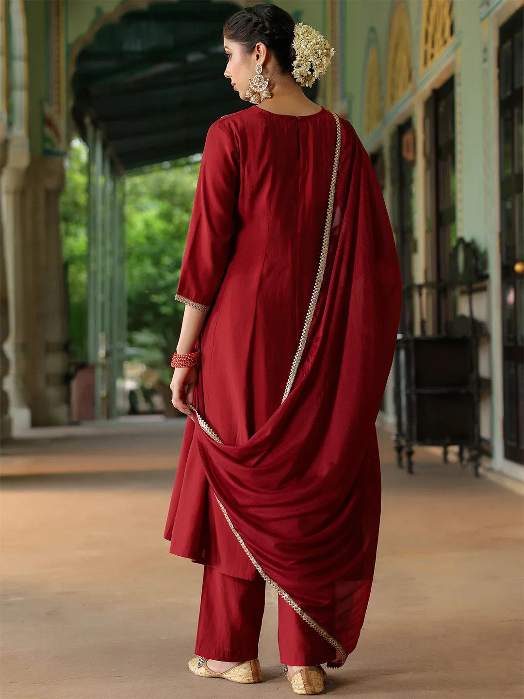 Janasya Women's Maroon Chanderi Silk Embroidered Anarkali Kurta Set