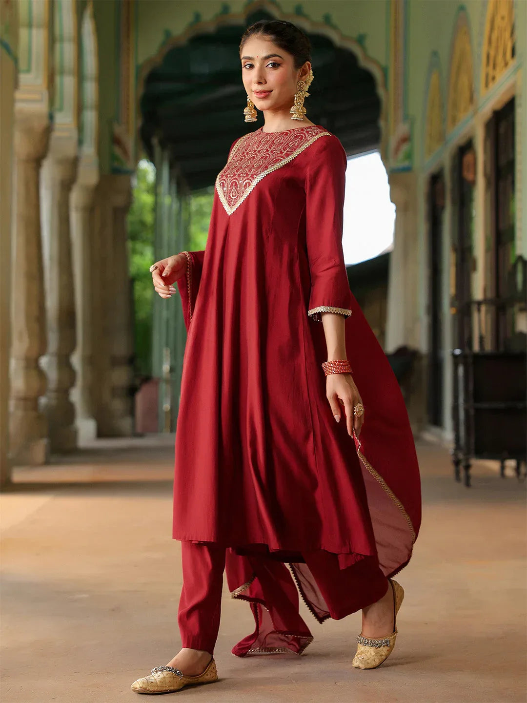 Janasya Women's Maroon Chanderi Silk Embroidered Anarkali Kurta Set