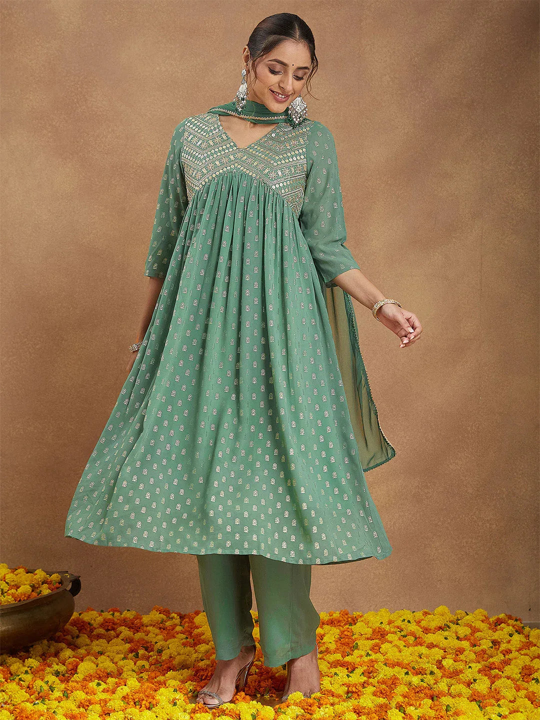 Janasya Women's Sage Green Georgette Embellished Gold Printed A-line Kurta Set