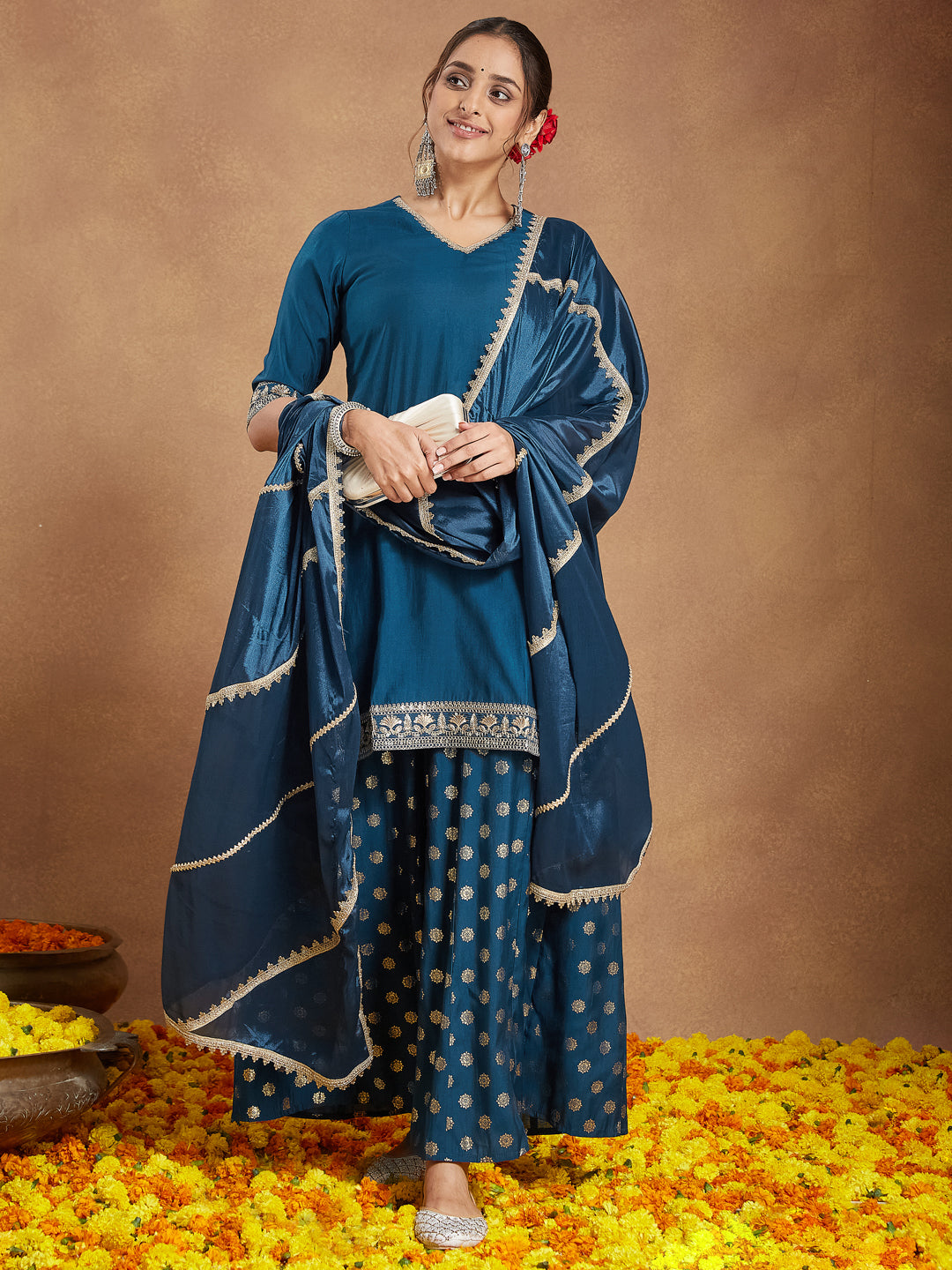 Janasya Women's Teal Blue Silk Blend Embellished Straight Kurta With Sharaa & Dupatta Set - qivii