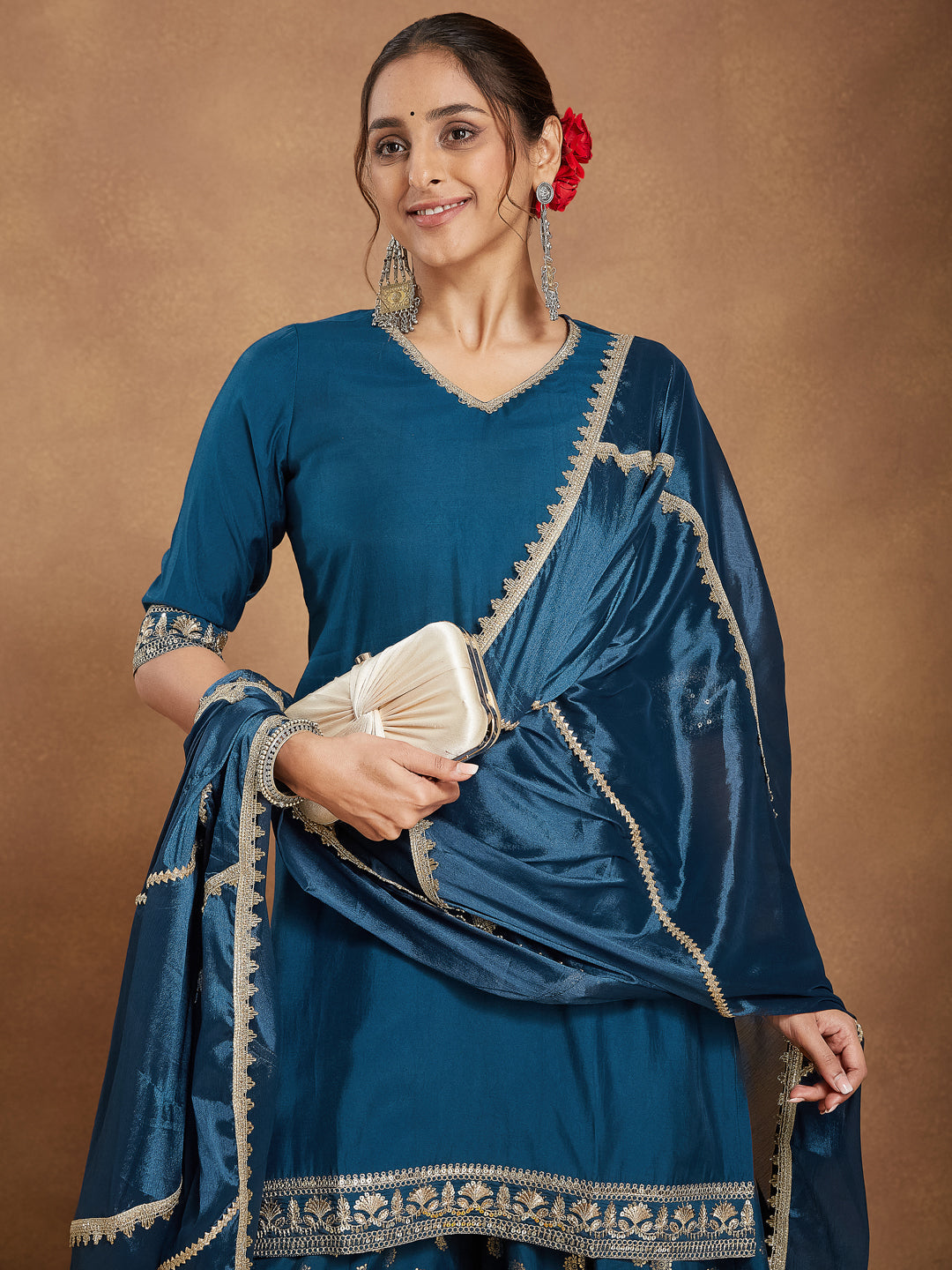 Janasya Women's Teal Blue Silk Blend Embellished Straight Kurta With Sharaa & Dupatta Set - qivii