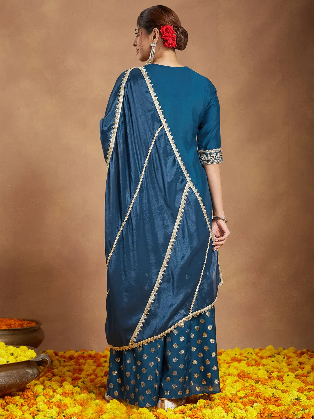 Janasya Women's Teal Blue Silk Blend Embellished Straight Kurta With Sharaa & Dupatta Set