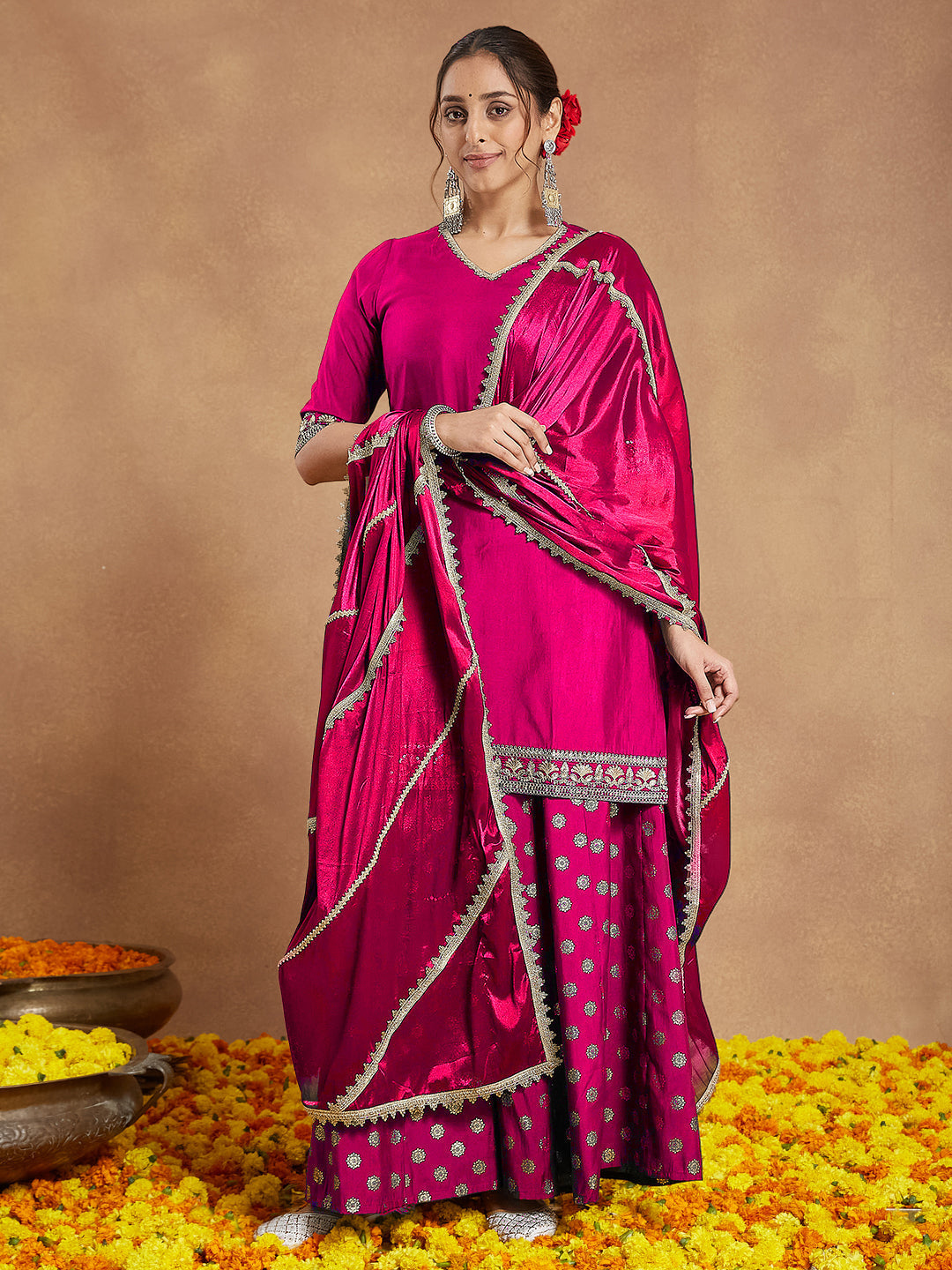 Janasya Women's Pink Silk Blend Embellished Straight Kurta With Sharara & Dupatta Set - qivii