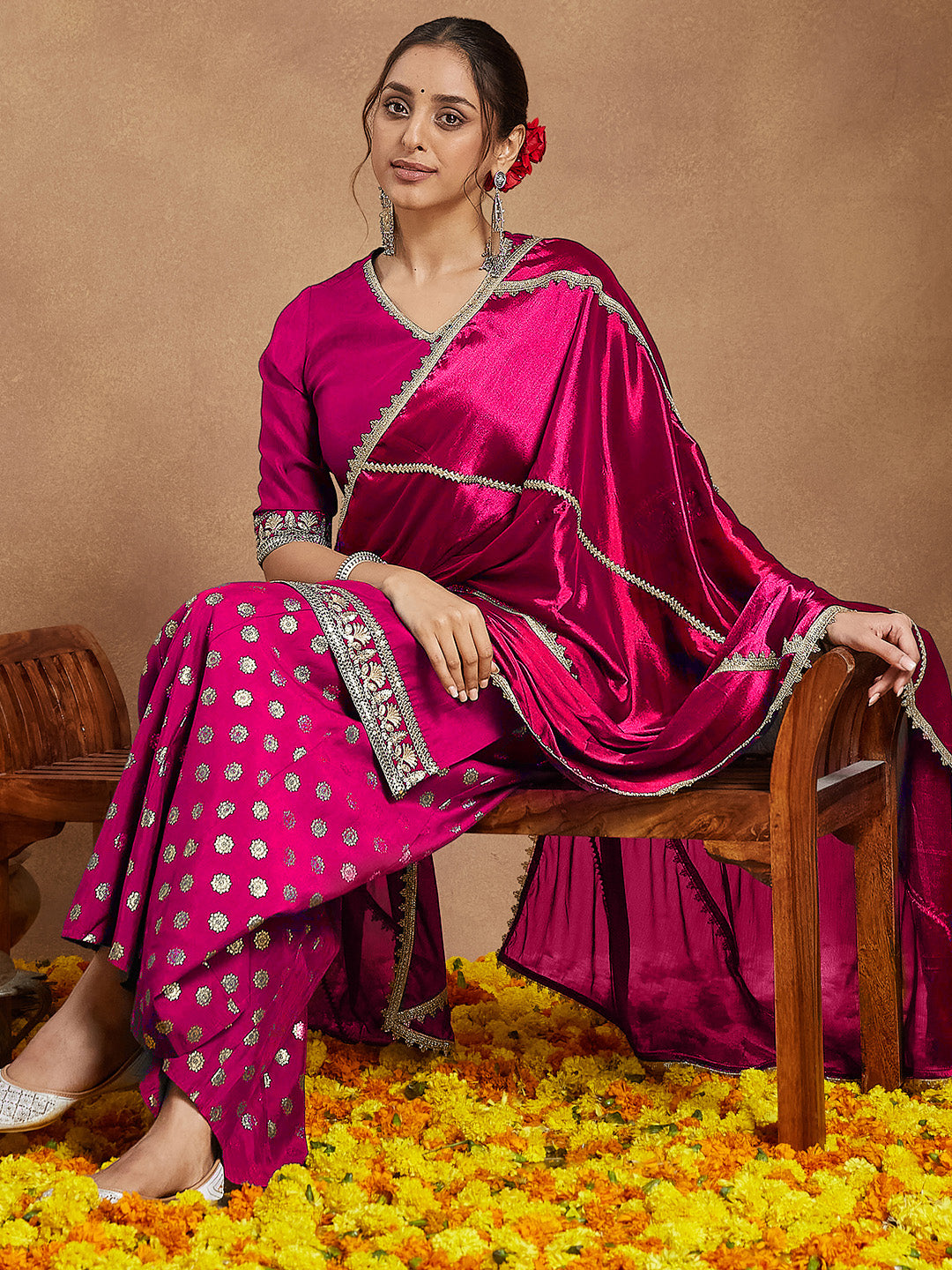 Janasya Women's Pink Silk Blend Embellished Straight Kurta With Sharara & Dupatta Set - qivii