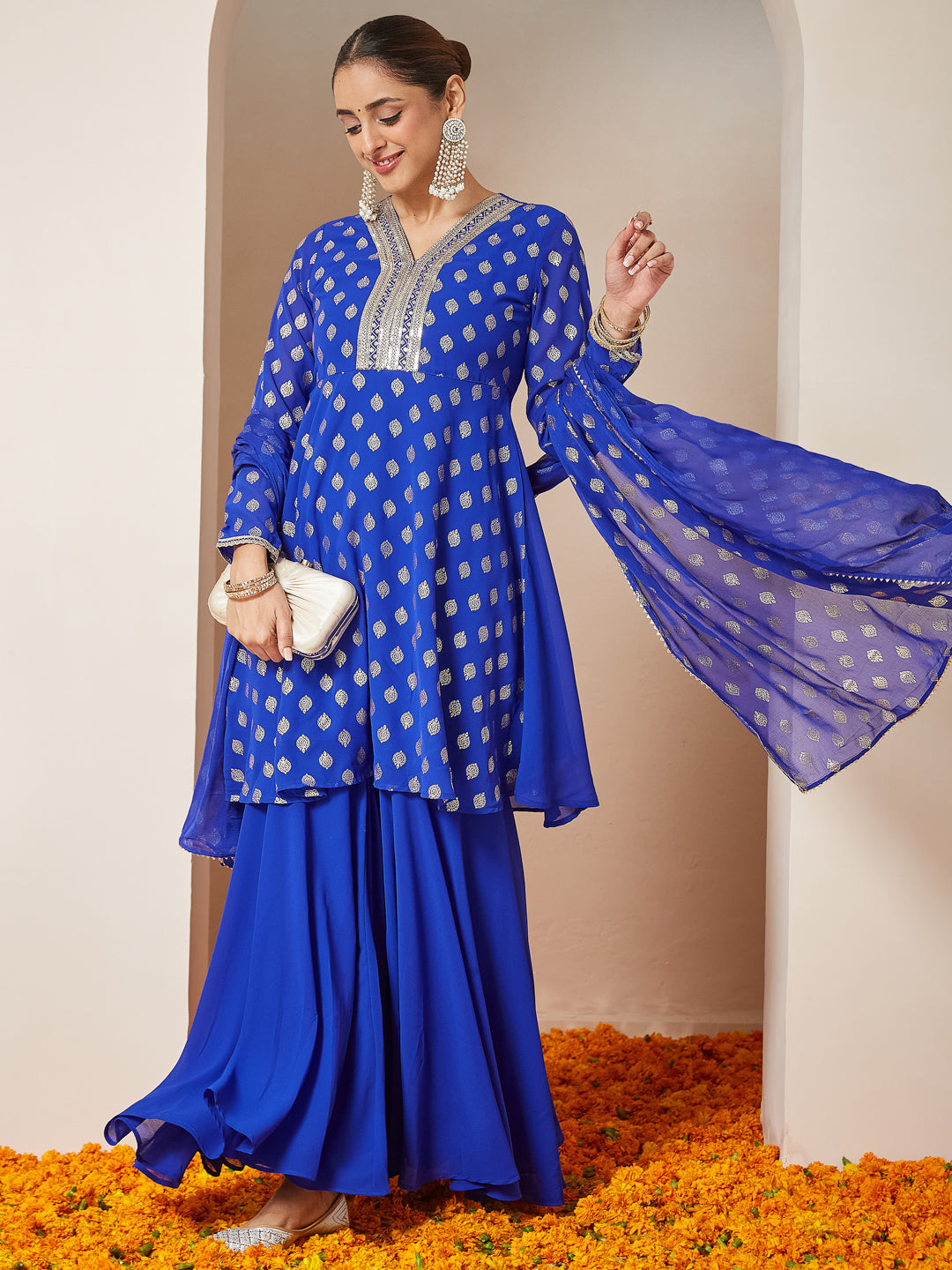 Janasya Women's Royal Blue Georgette Embellished Gold Printed A-line Kurta With Sharara & Dupatta Set - qivii