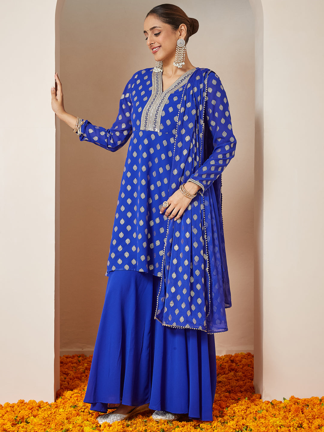 Janasya Women's Royal Blue Georgette Embellished Gold Printed A-line Kurta With Sharara & Dupatta Set - qivii