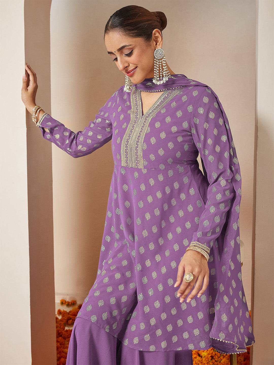 Janasya Women's Purple Georgette Embellished Gold Printed A-line Kurta With Sharara & Dupatta Set - qivii