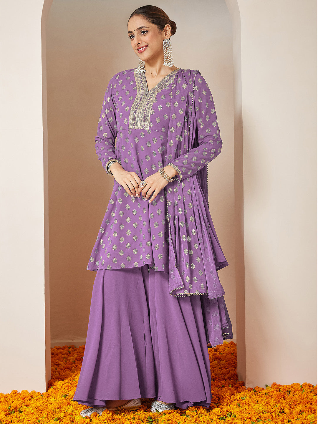 Janasya Women's Purple Georgette Embellished Gold Printed A-line Kurta With Sharara & Dupatta Set - qivii