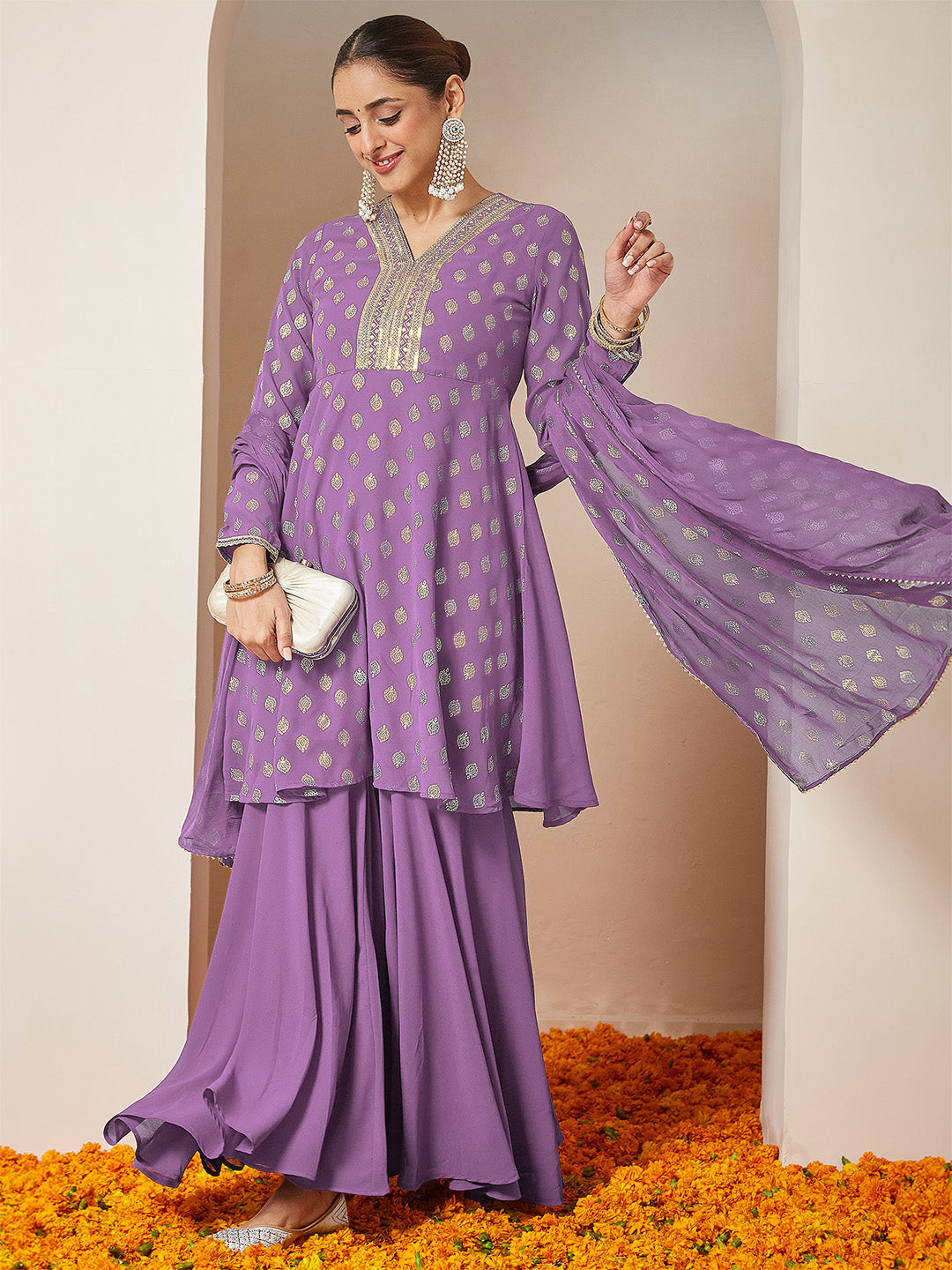 Janasya Women's Purple Georgette Embellished Gold Printed A-line Kurta With Sharara & Dupatta Set - qivii