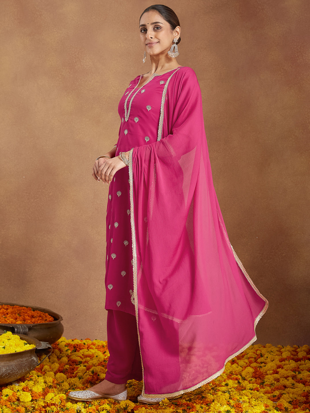 Janasya Women's Pink Georgette Embellished Straight Kurta With Palazzo Dupatta Set - qivii