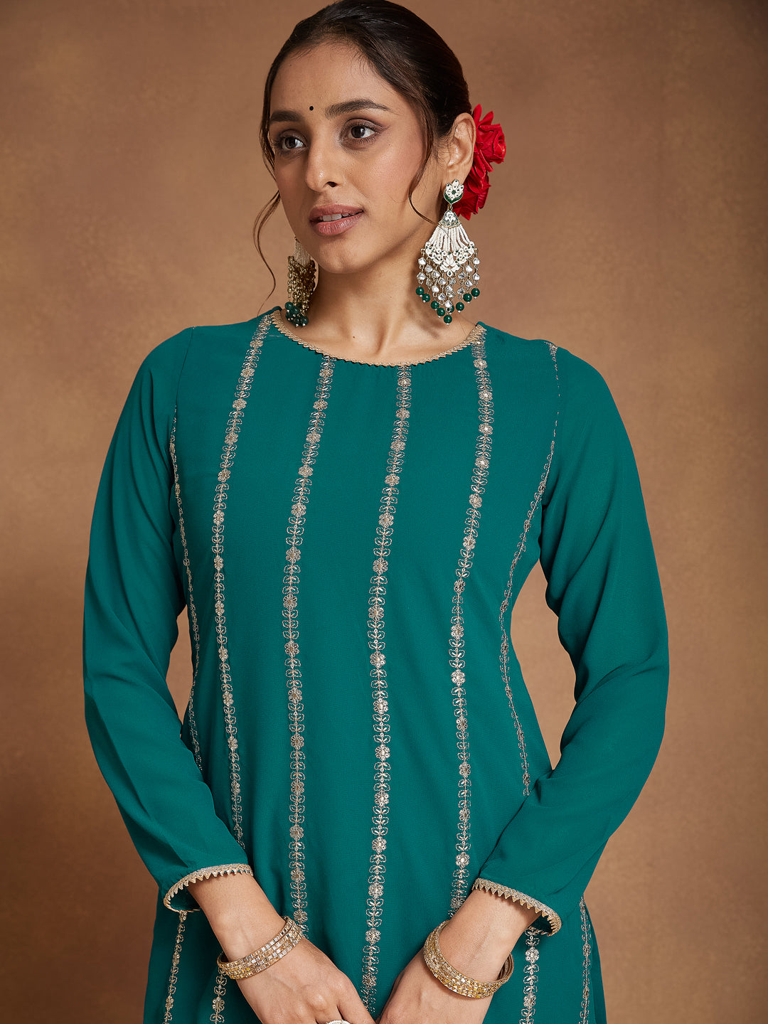 Janasya Women's Sea Green Georgette Embellished Straight Kurta With Palazzo & Dupatta Set - qivii