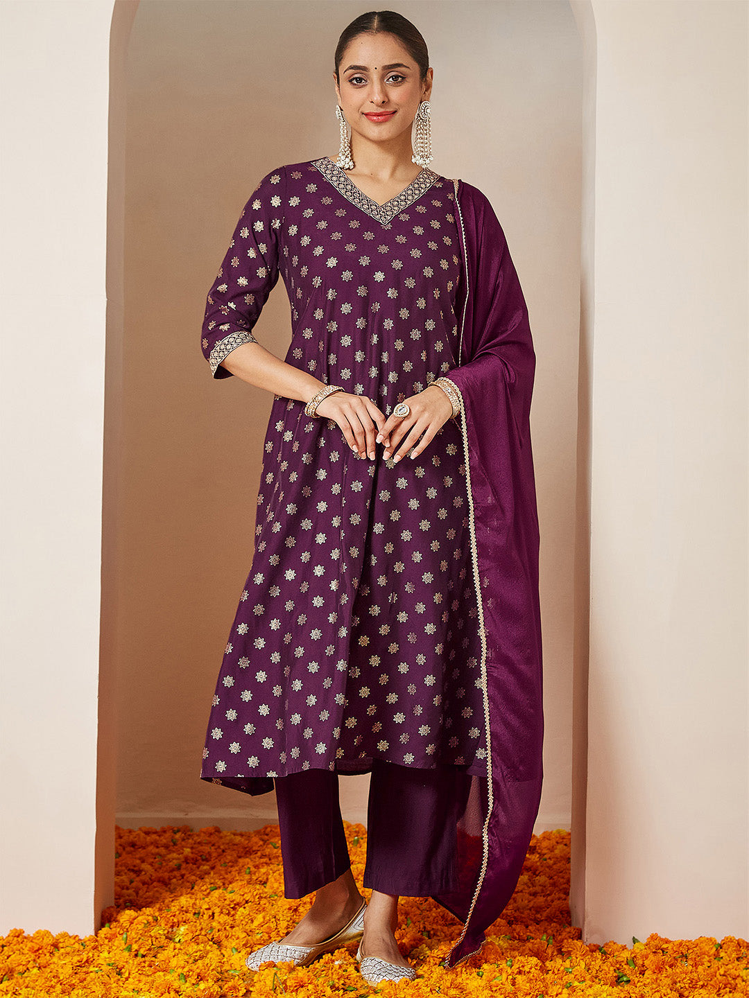 Janasya Women's Wine Chanderi Silk Foil Printed Embroidered A-line Kurta Set - qivii