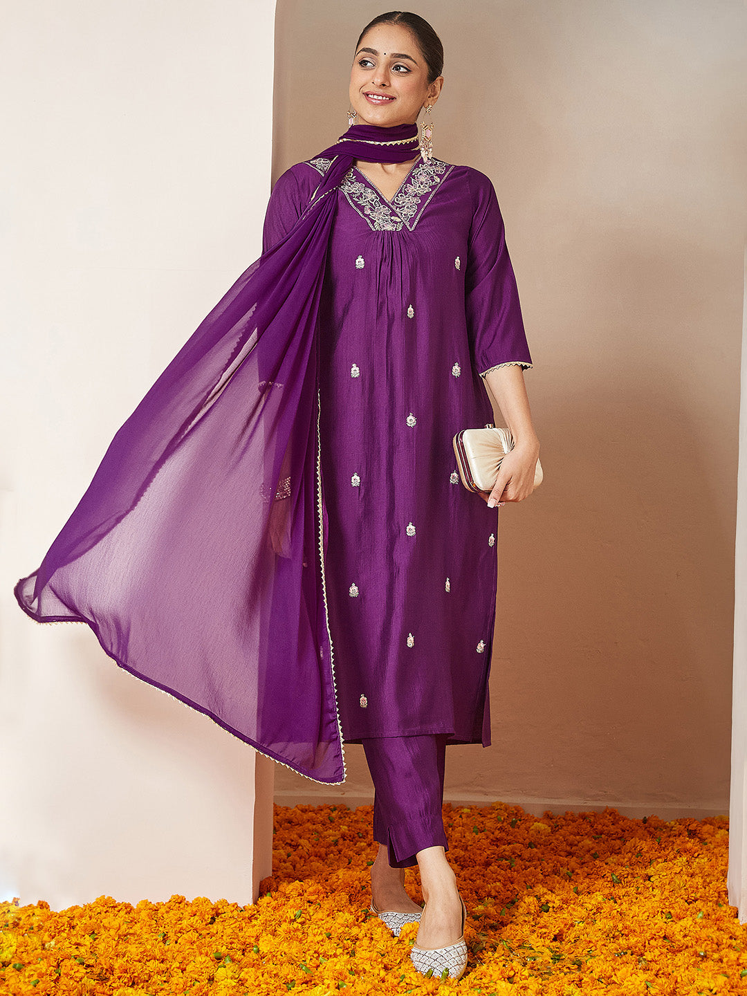 Janasya Women's Purple Silk Blend Embroidered A-line Kurta Set - qivii