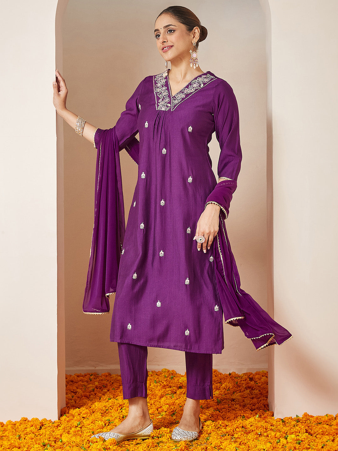 Janasya Women's Purple Silk Blend Embroidered A-line Kurta Set - qivii