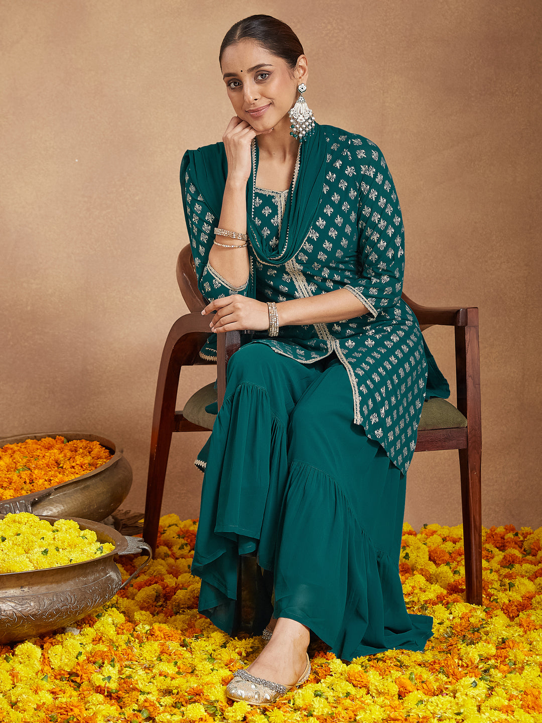 Janasya Women's Teal Green Georgette Embellished Foil Printed Straight Kurta With Sharara & Dupatta - qivii