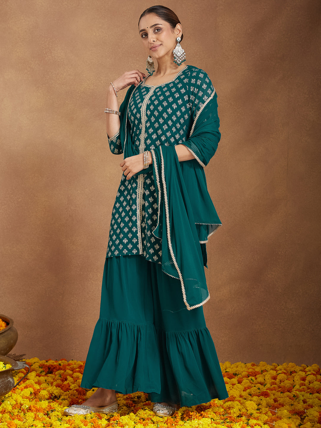 Janasya Women's Teal Green Georgette Embellished Foil Printed Straight Kurta With Sharara & Dupatta - qivii