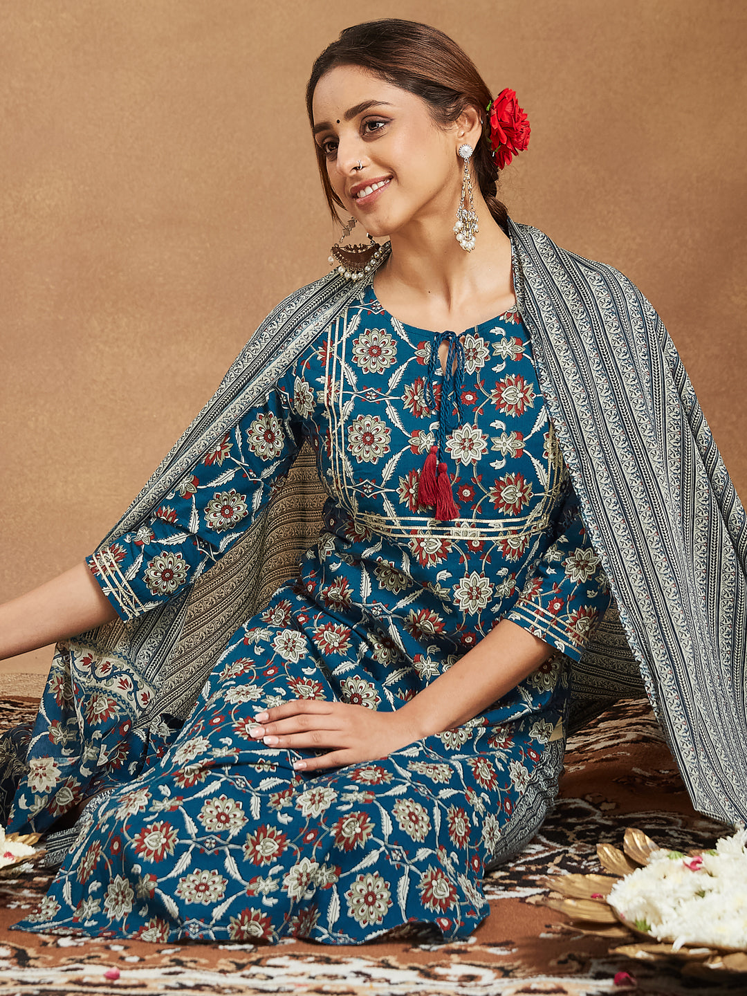 Janasya Women's Teal Blue Pure Cotton Floral Printed Straight Kurta Set - qivii