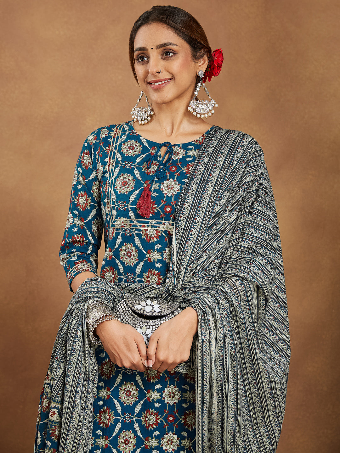 Janasya Women's Teal Blue Pure Cotton Floral Printed Straight Kurta Set - qivii