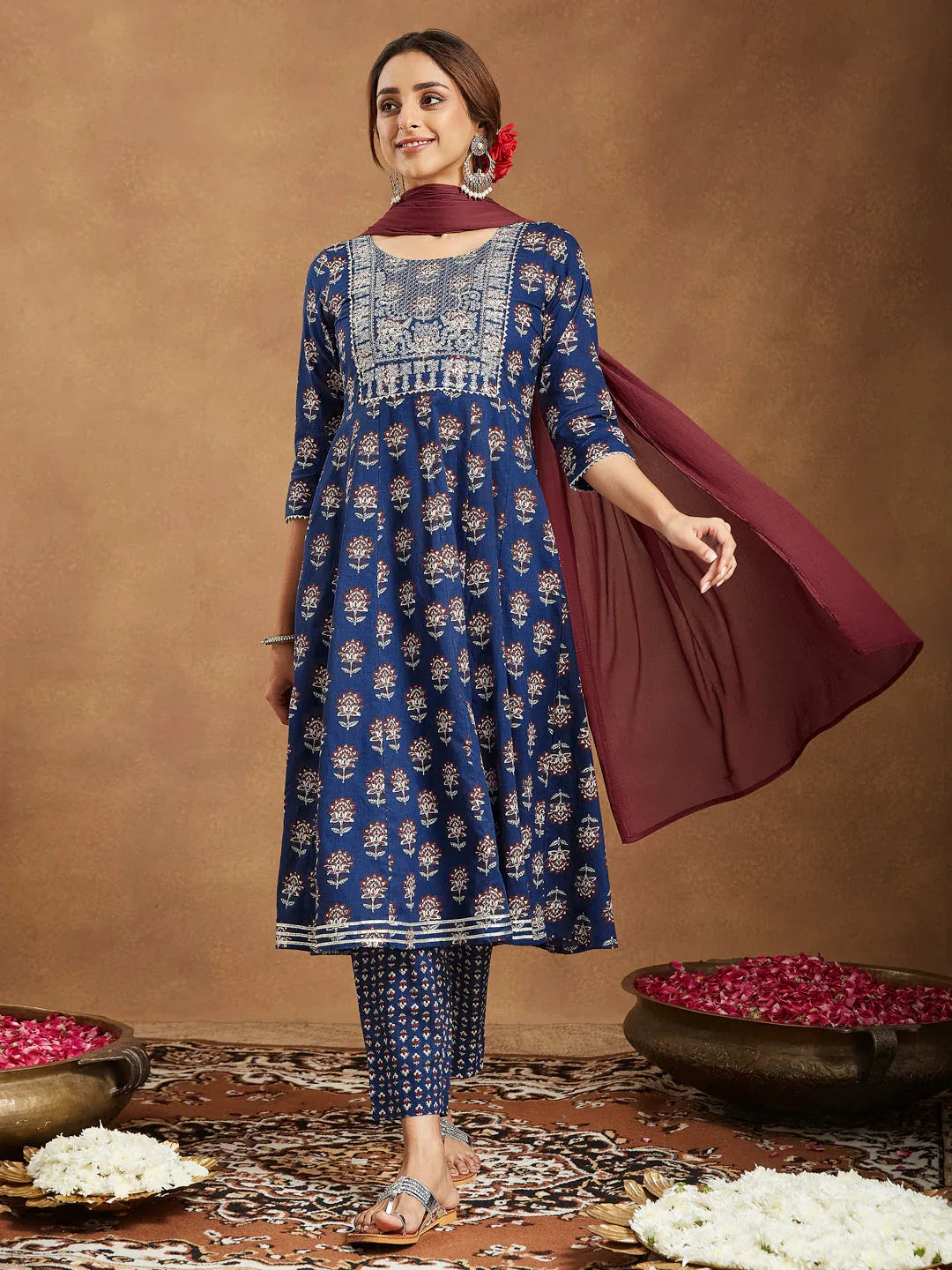 Janasya Women's Navy Blue Pure Cotton Yoke Embroidered Floral Printed Anarkali Kurta Set