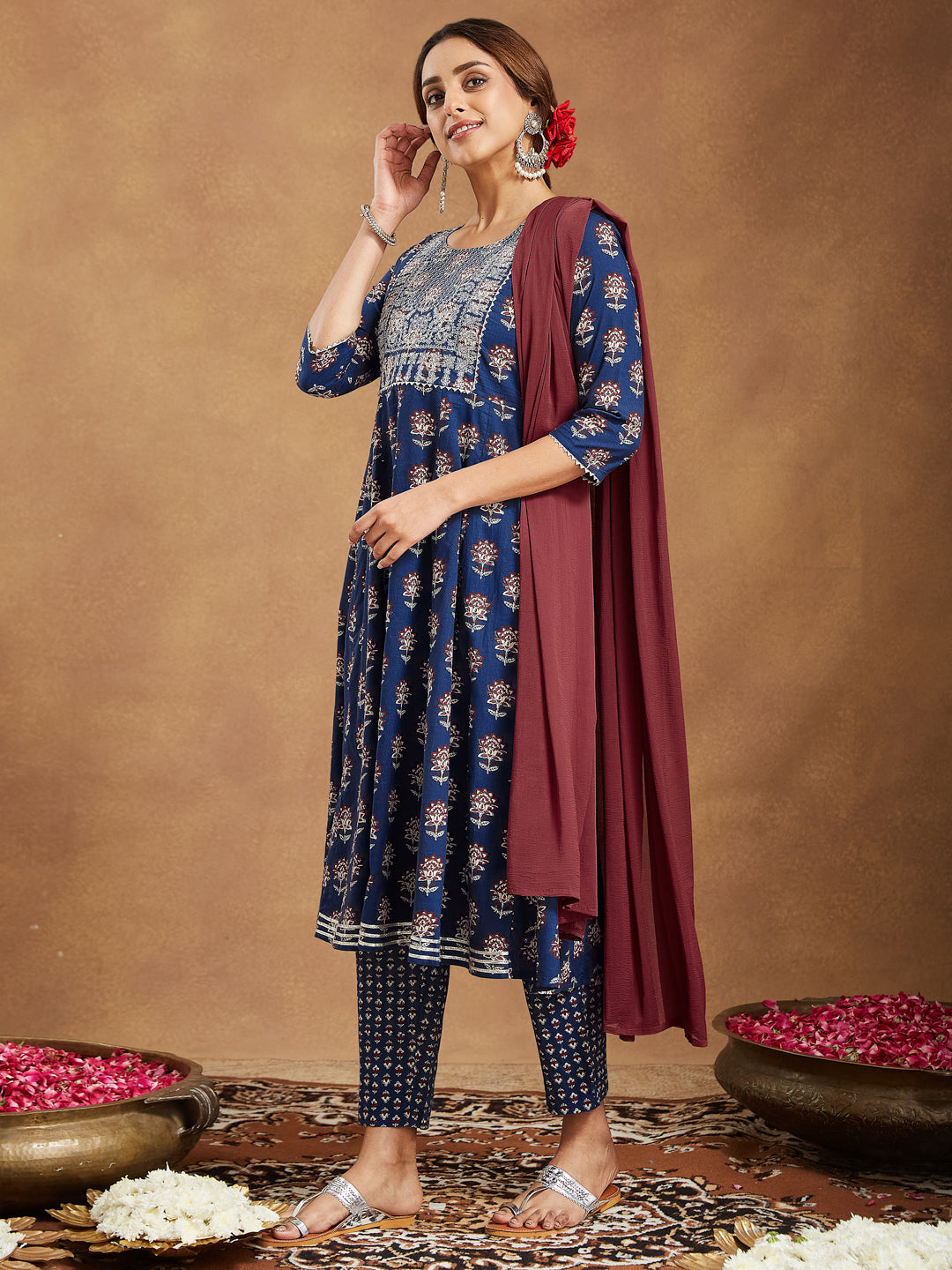 Janasya Women's Navy Blue Pure Cotton Yoke Embroidered Floral Printed Anarkali Kurta Set - qivii