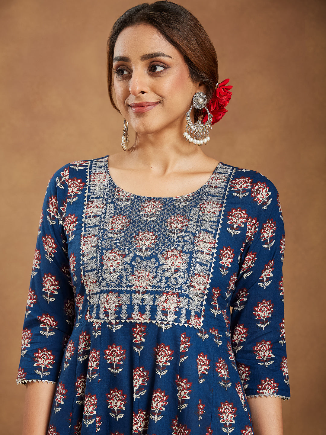 Janasya Women's Navy Blue Pure Cotton Yoke Embroidered Floral Printed Anarkali Kurta Set - qivii