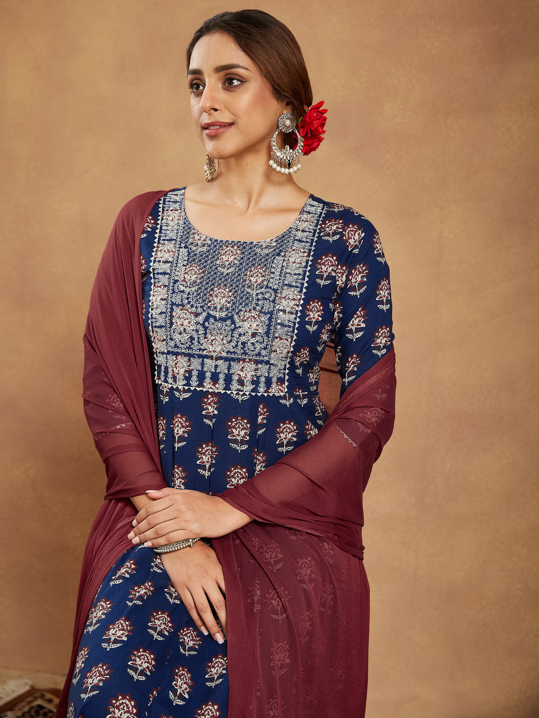 Janasya Women's Navy Blue Pure Cotton Yoke Embroidered Floral Printed Anarkali Kurta Set - qivii