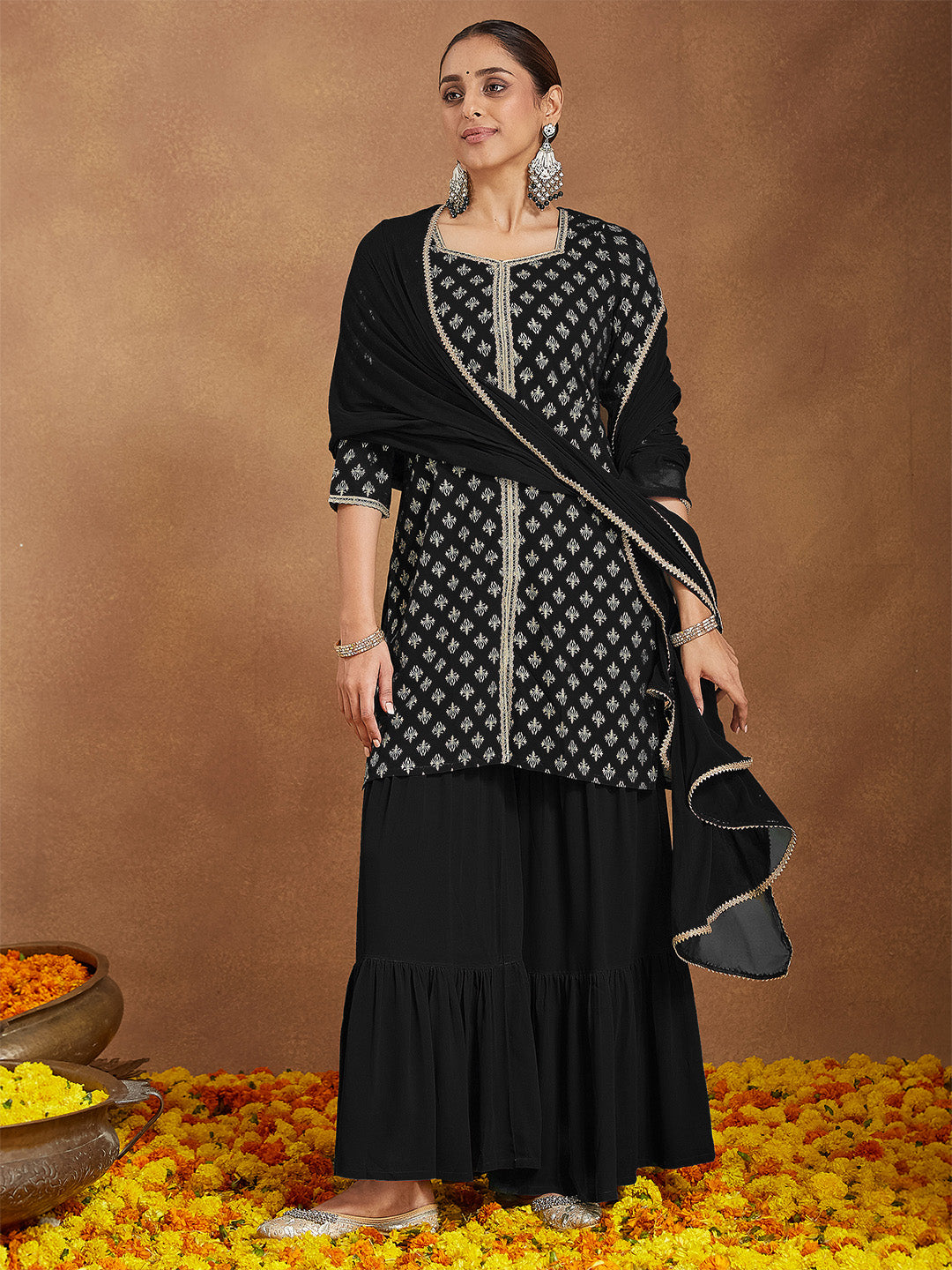 Janasya Women's Black Georgette Embellished Foil Printed Straight Kurta With Sharara & Dupatta Set - qivii