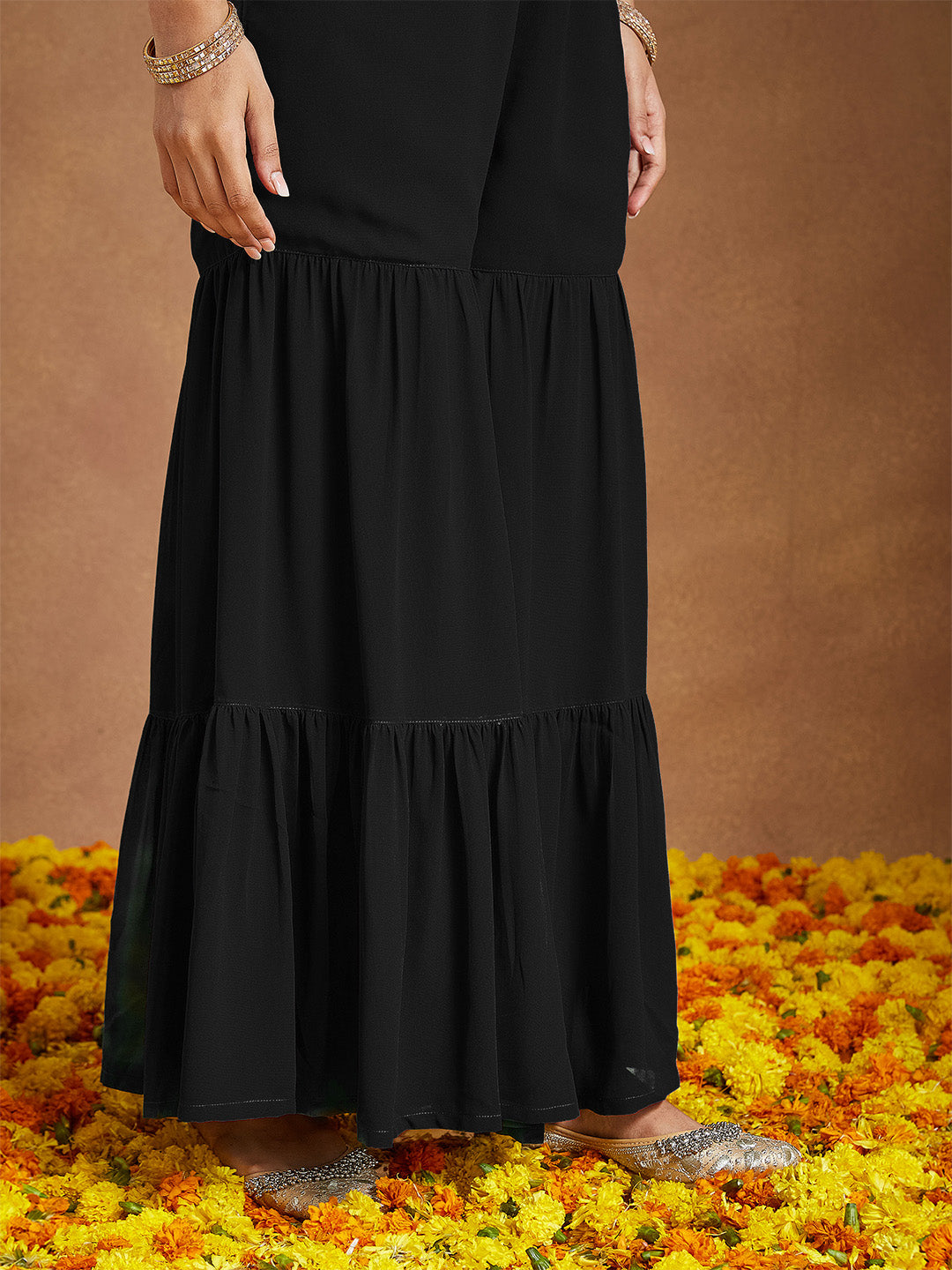 Janasya Women's Black Georgette Embellished Foil Printed Straight Kurta With Sharara & Dupatta Set - qivii