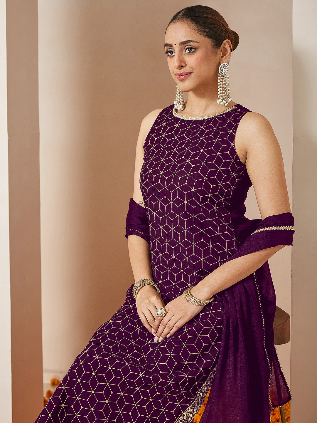 Janasya Women's Purple Chanderi Silk Embellished Gold Printed Straight Kurta Set - qivii