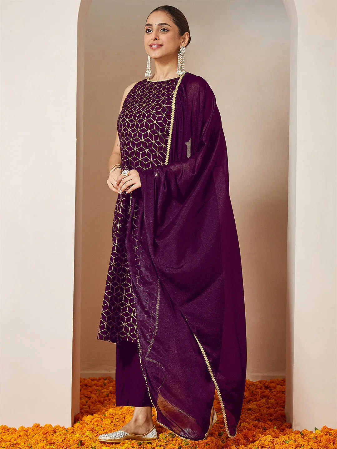 Janasya Women's Purple Chanderi Silk Embellished Gold Printed Straight Kurta Set
