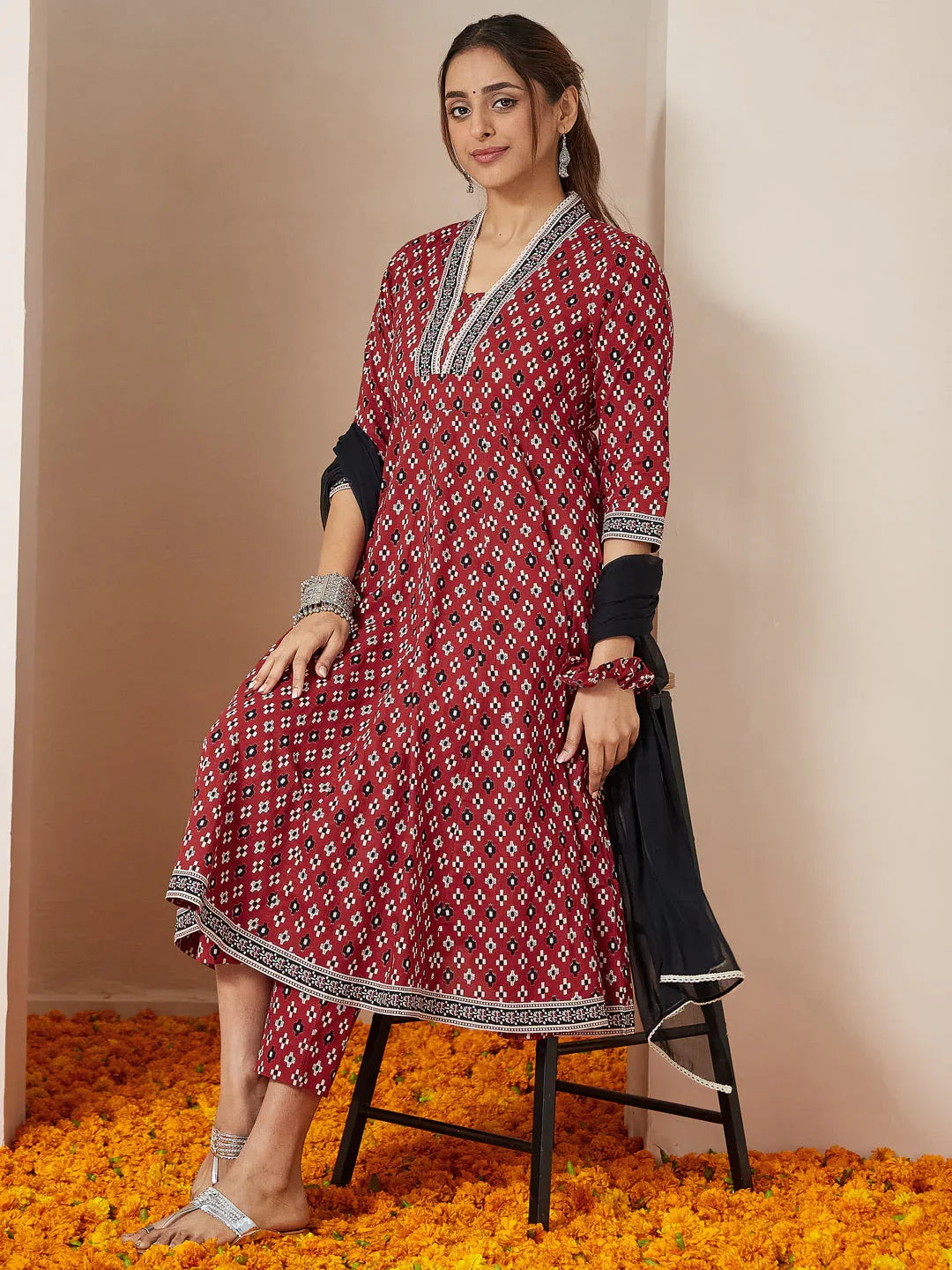 Janasya Women's Maroon Pure Cotton Ikkat Printed Anarkali Kurta Set