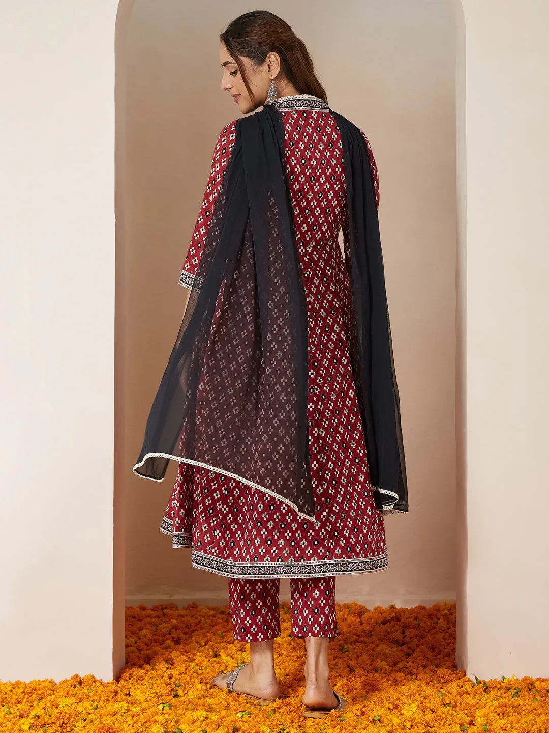 Janasya Women's Maroon Pure Cotton Ikkat Printed Anarkali Kurta Set