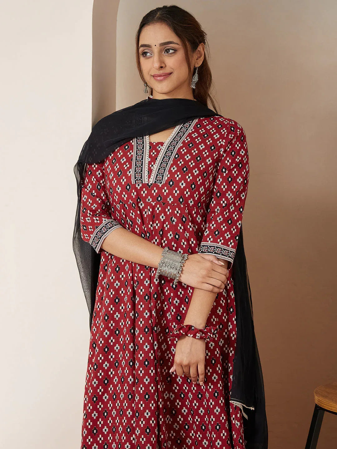 Janasya Women's Maroon Pure Cotton Ikkat Printed Anarkali Kurta Set