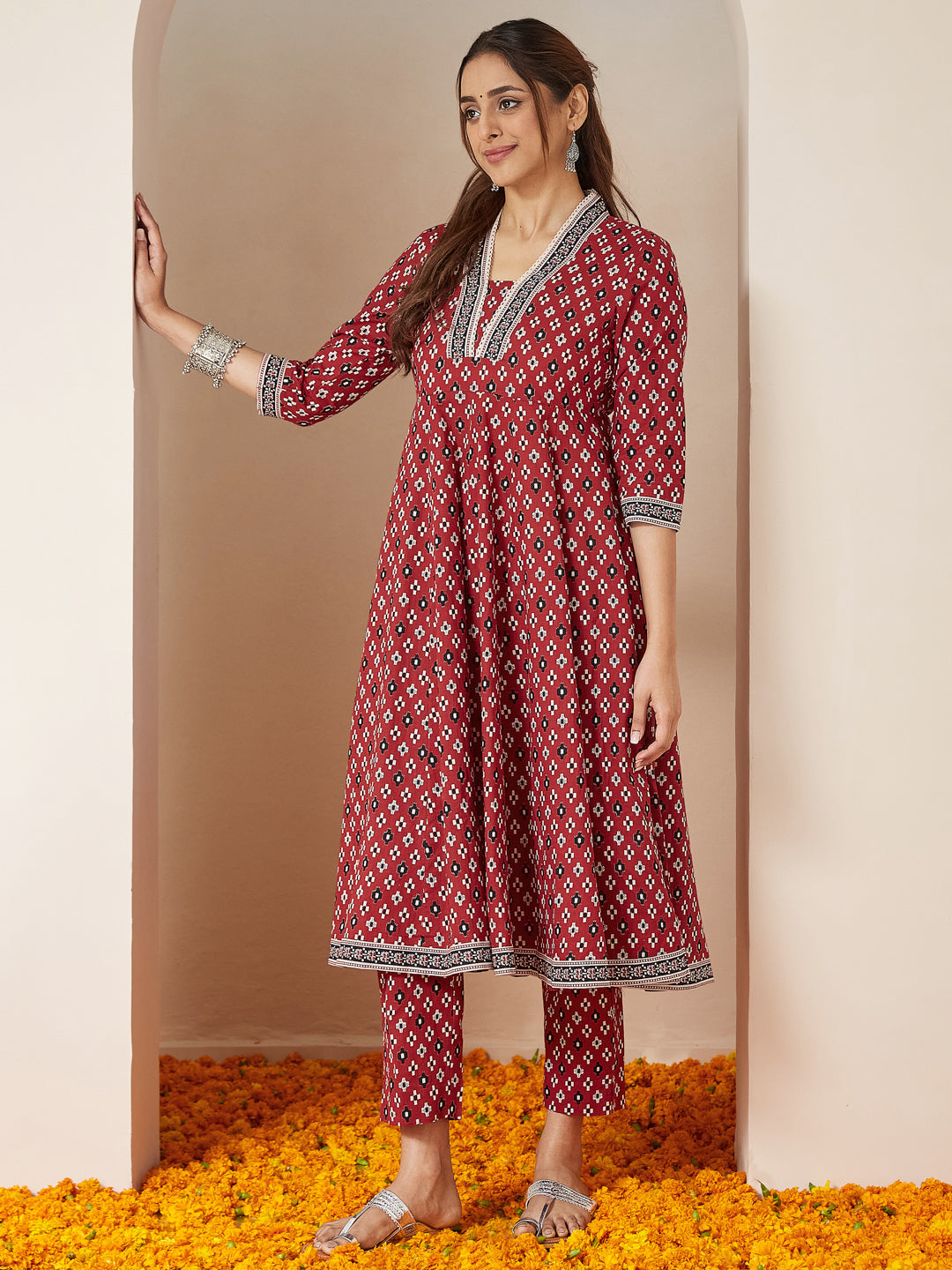 Janasya Women's Maroon Pure Cotton Ikkat Printed Anarkali Kurta Set - qivii