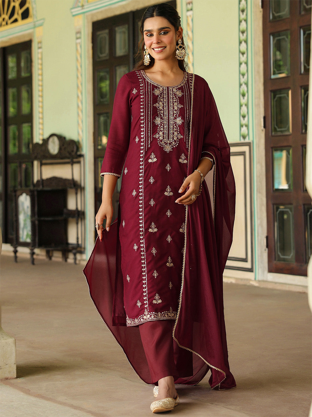 Janasya Women's Maroon Silk Blend Zari Embroidered Straight Kurta Set With Dupatta - qivii