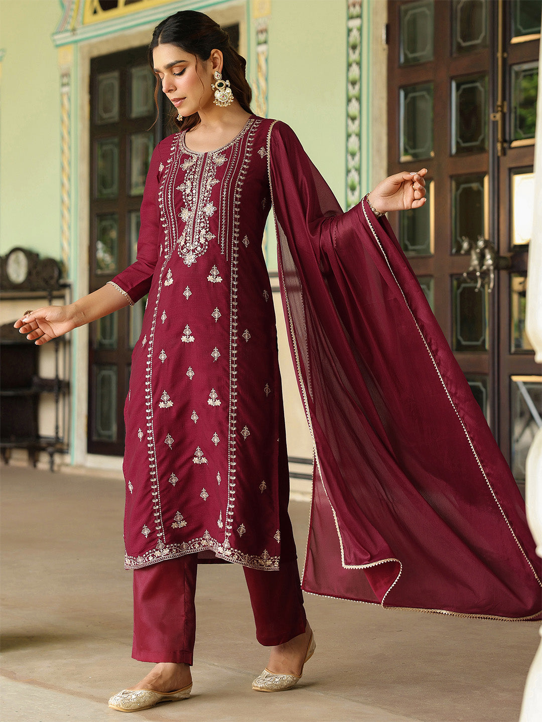 Janasya Women's Maroon Silk Blend Zari Embroidered Straight Kurta Set With Dupatta - qivii