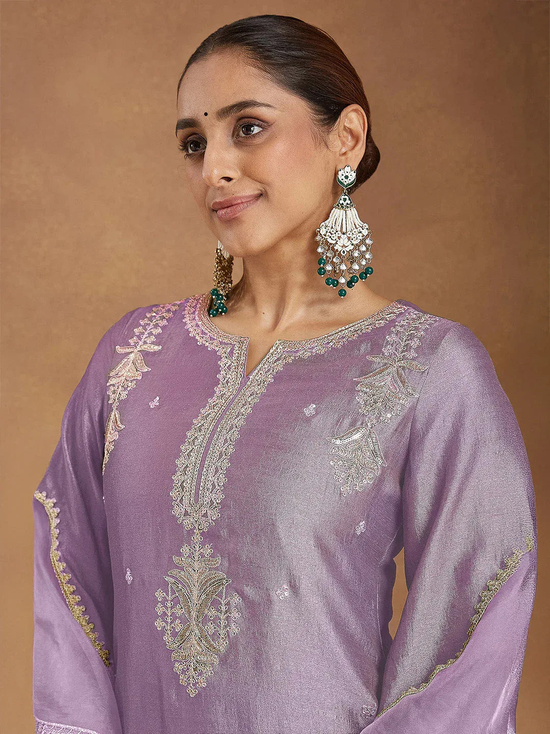 Janasya Women's Lavender Silk Blend Zari Embroidered Straight Kurta Set