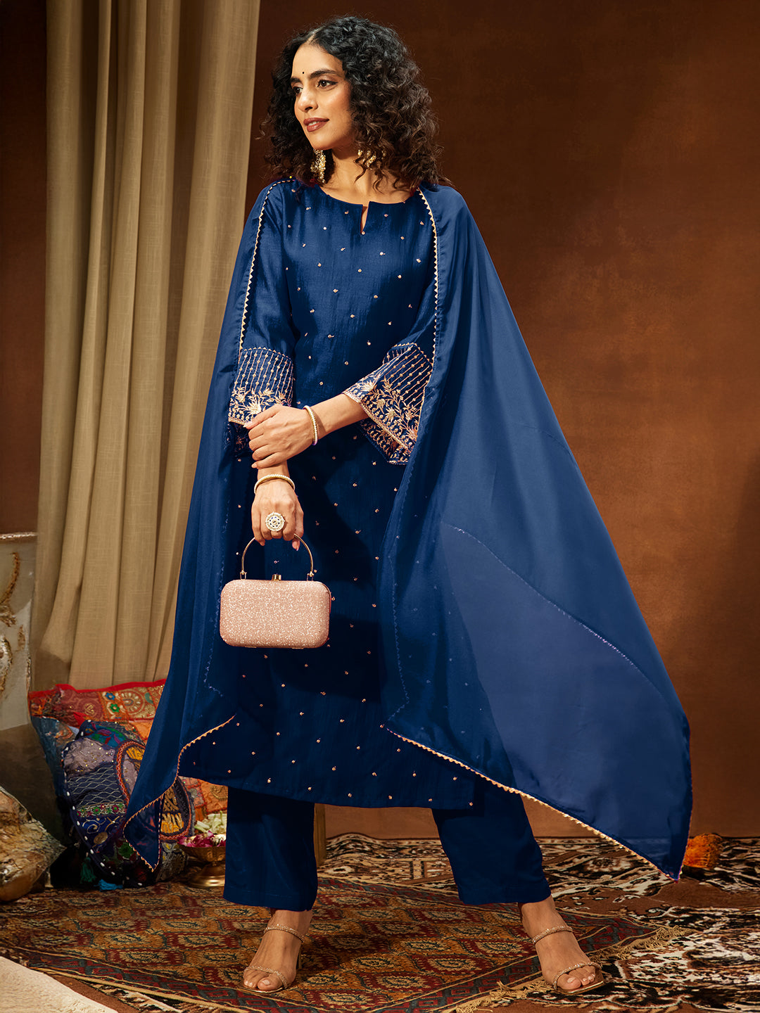 Janasya Women's Teal Blue Silk Blend Embellished Straight Kurta Set - qivii