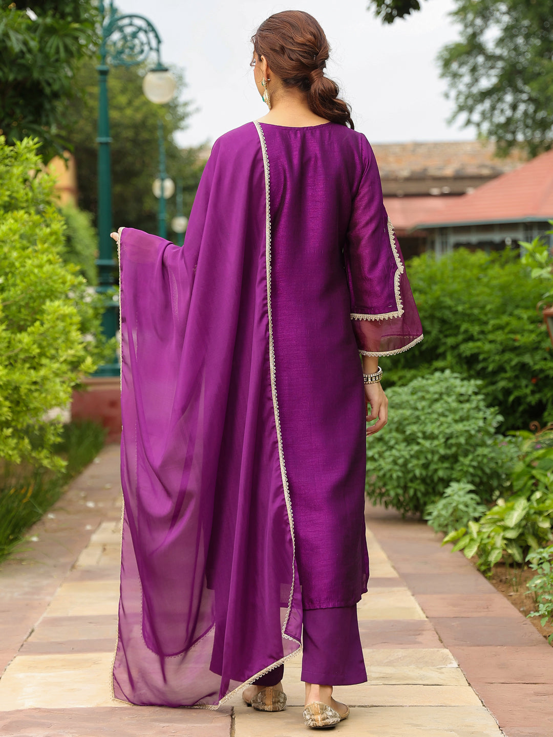 Janasya Women's Purple Silk Blend Zari Embroidered Straight Kurta Set