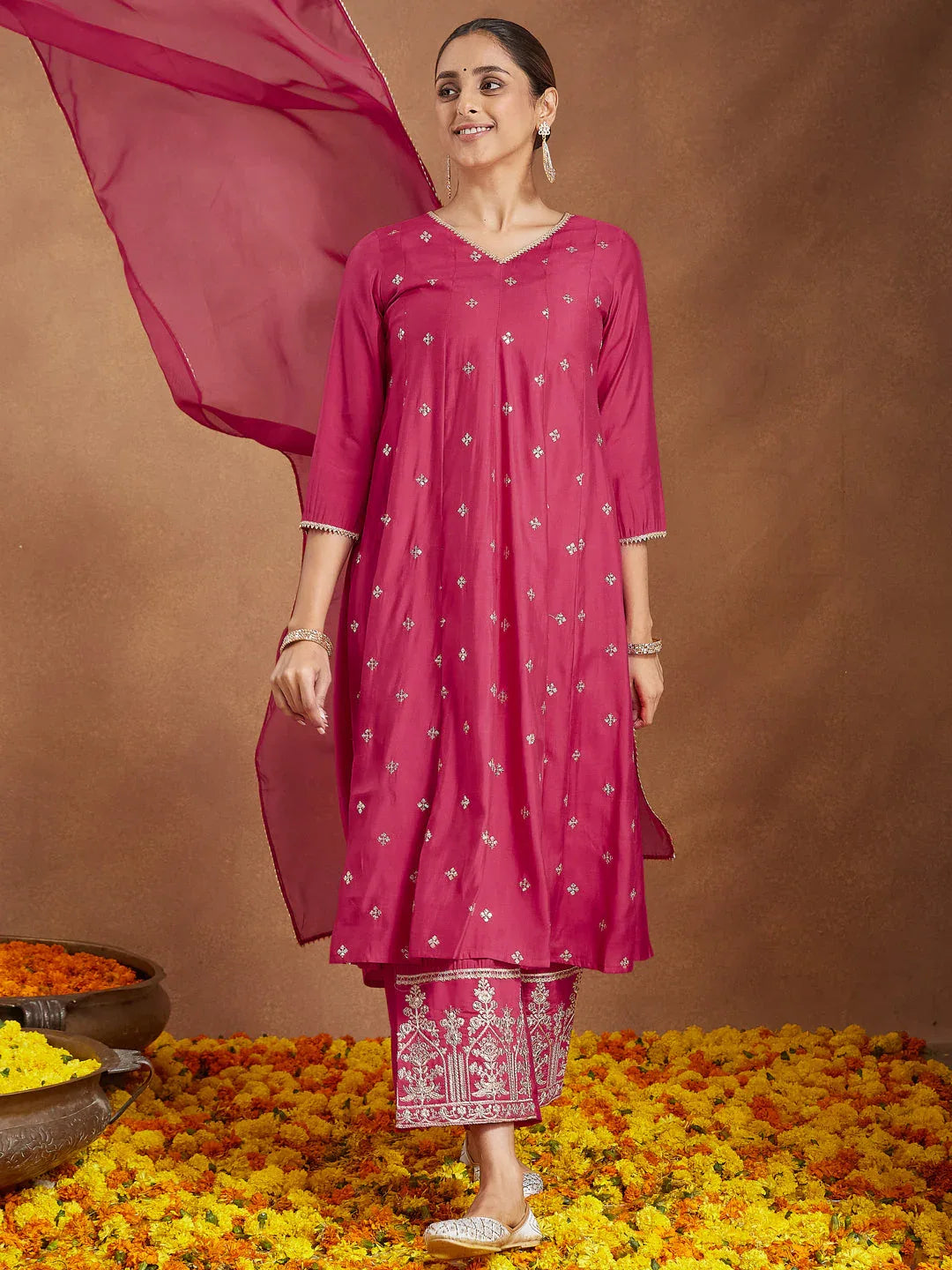 Janasya Women's Pink Chanderi Silk Embellished Zari Embroidered A-line Kurta Set