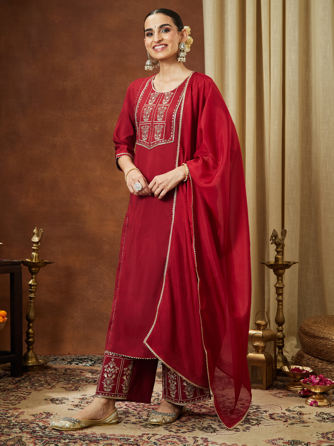 Janasya Women's Maroon Chanderi Silk Zari Embroidered Straight Kurta With Palazzo & Dupatta Set - qivii