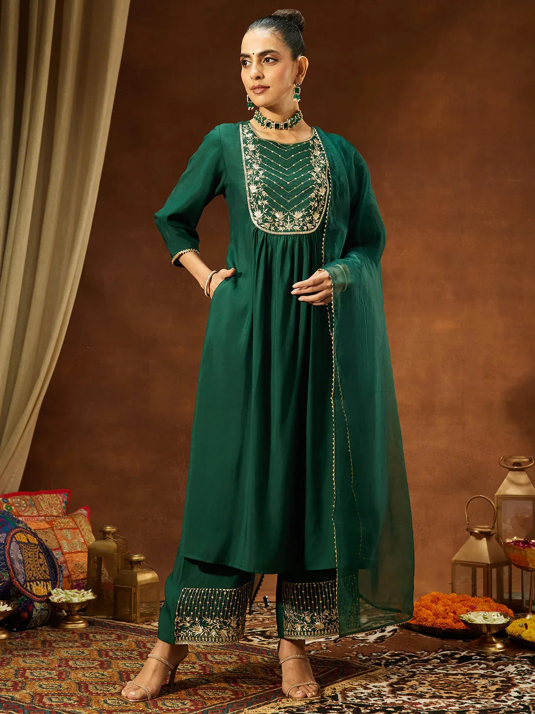 Janasya Women's Bottle Green Chanderi Silk Embroidered A-line Kurta Set