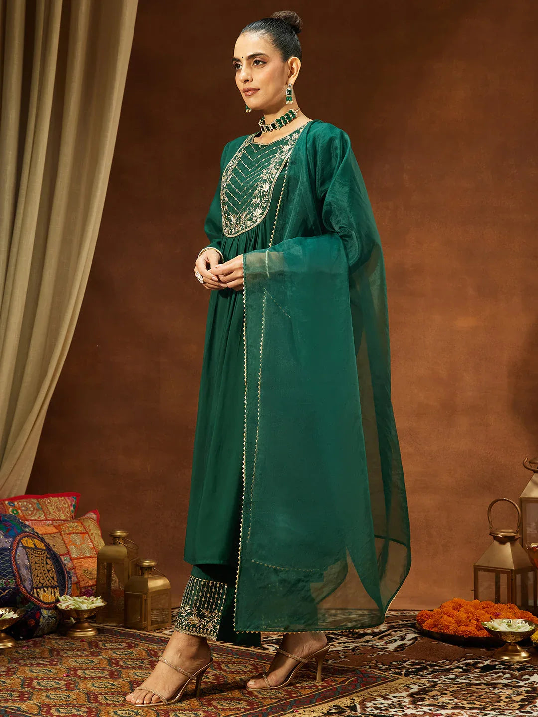 Janasya Women's Bottle Green Chanderi Silk Embroidered A-line Kurta Set
