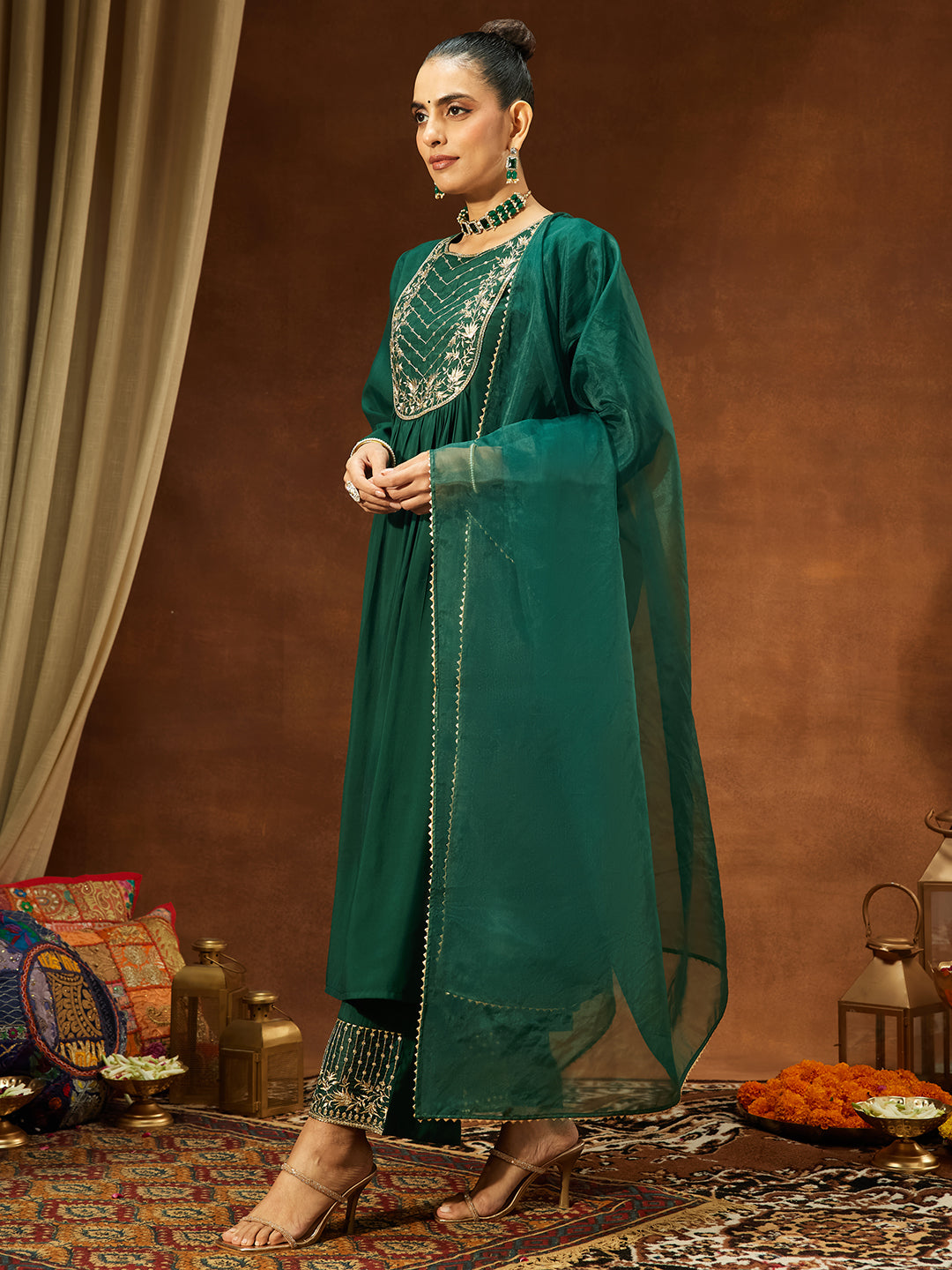 Janasya Women's Bottle Green Chanderi Silk Embroidered A-line Kurta Set
